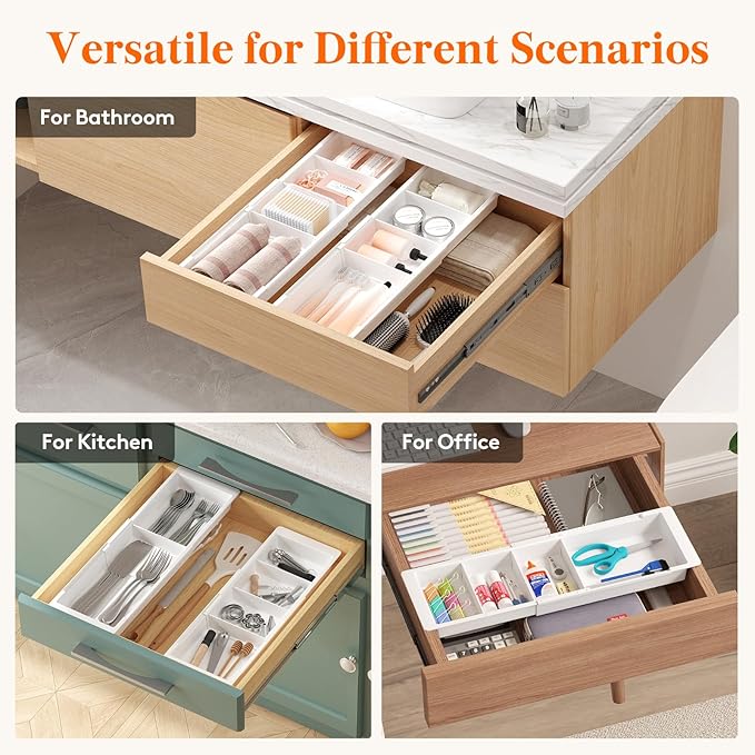 Lifewit Sliding Makeup Drawer Organizer, Fits 13-20" Deep Drawers, Extendable Hanging Divider, 1.8" High Plastic Tray for Vanity, Office, Kitchen, White, 2Pcs