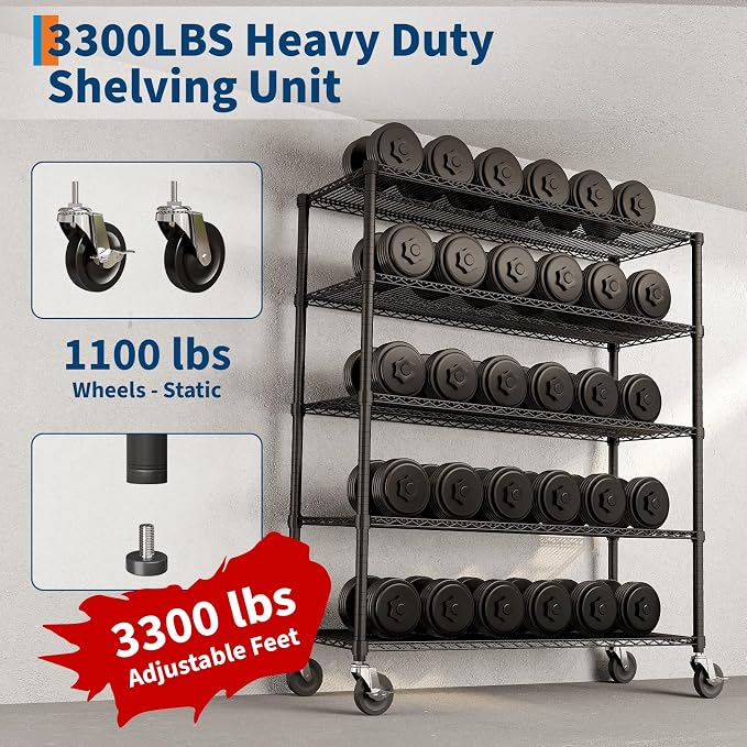 Garvee Storage Shelves, 5-Tier Metal Shelving Units with Wheels, 73" H x 59" W x 17.1" D, 3300 LBS Heavy Duty Wire Shelving Rolling Rack for Garage Kitchen Home Basement, Adjustable, Black