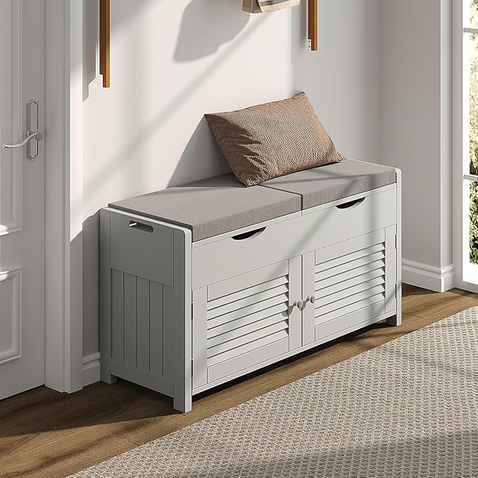 ChooChoo Shoe Storage Bench with Lift Top Storage & Cushioned Seats | 29.5" Entryway Bench with 3 Compartments & Adjustable Shelf, for Entryway, Grey
