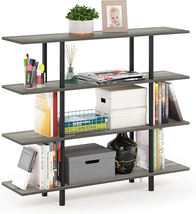 Furinno Turn-N-Tube 4-Tier Wide Display Shelf, French Oak Grey/Black