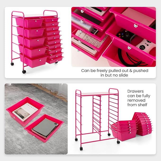 Moccha 15-Drawer Rolling Storage Cart - Under Desk Storage Drawers with wheels for Craft Art Supply Paper Salon, Scrapbook Paper Tools, Mobile Utility Cart for Classroom (15 Drawers, Hot Pink)