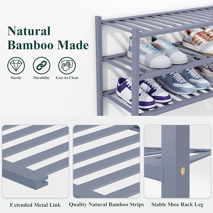 Smiry Bamboo Shoe Rack, 3 Tier Free Standing Wooden Shoe Organizer, Stackable Wood Shoe Storage Shelf for Closet, Entryway, 14 Vertical Slats, 2+1 Stack Heavy-Duty Legs, 26.8"x11"x19.5", Grey