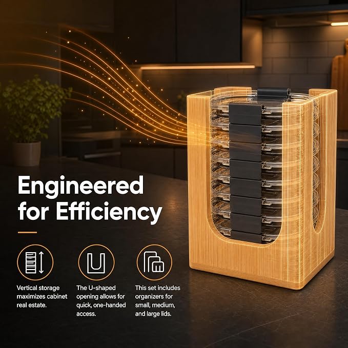 Bamboo Lid Organizer Rack for Rubbermaid Brilliance | 3-piece stackable lid holder, holds 24 lids, fits 4.7/3.2/1.3/0.5 cup, premium warp-resistant bamboo, no assembly needed