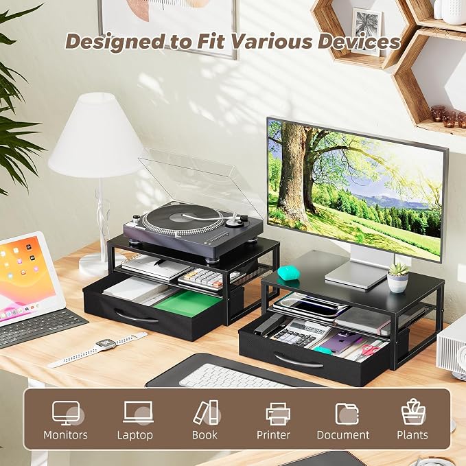 Ekisemio Metal Monitor Stand Riser with Fabric Drawer, 2-Tier Computer Desk Organizer for Laptop, Computer, iMac, Black | Fabric Drawer, 2-Tier Design, Desk Organizer, Metal Construction