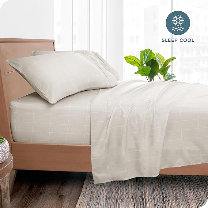 Bare Home Split King Sheet Set - 1800 Ultra-Soft Microfiber Bed Sheets - Double Brushed - Deep Pockets - Easy Fit - 5 Piece Set - Bed Sheets & Pillowcases (Split King, Grid - Stone/White)