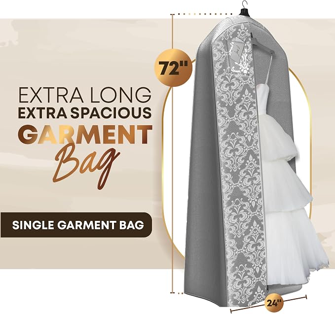 Your Bags Wedding Dress Garment Bag – 72" Garment Bags for Hanging Clothes with 20" Gusset for Puffy Gowns – Durable Cover for Travel or Storage – Rip-Resistant with ID Window - Grey/White Damask