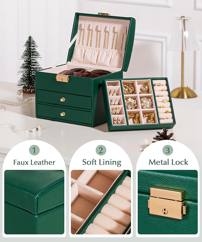 Homde Small Jewelry Box for Girls: 3-Layer Lockable Organizer (Green) | Removable Tray&Dividers for Flexible Storage - Sort Earrings&Rings&Necklaces for Beginners - Birthday Gift for Teens