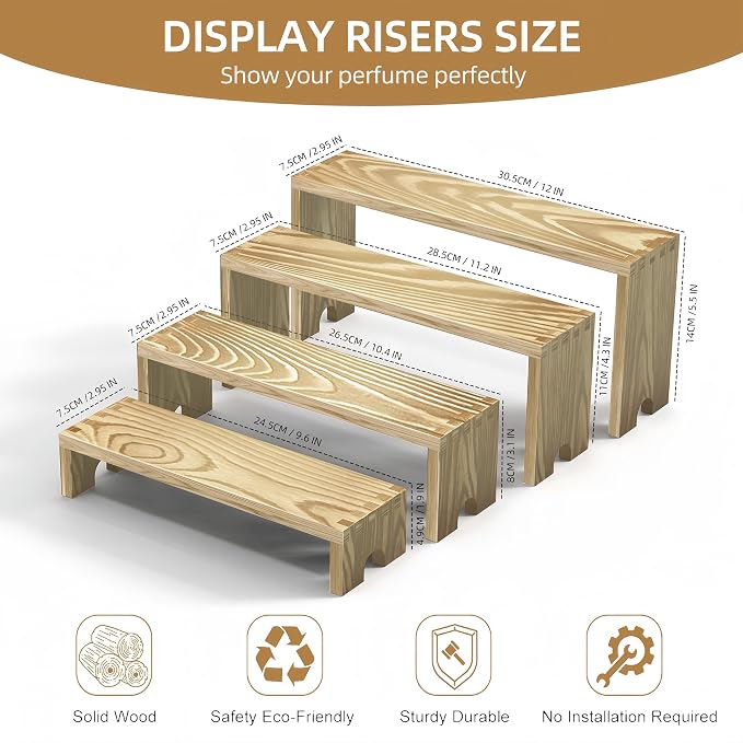Large 2 Set wood tone Wooden Tiered Display Stands 4 Tier Stackable Pine Wood Display Risers, Suitable for Vendor Events, Cupcake Stands, cake stand Wooden Dessert Table Sets, Vendor Booth Displays,Cosmetic & Perfume Display Tools, Kitchen Spice Storag...