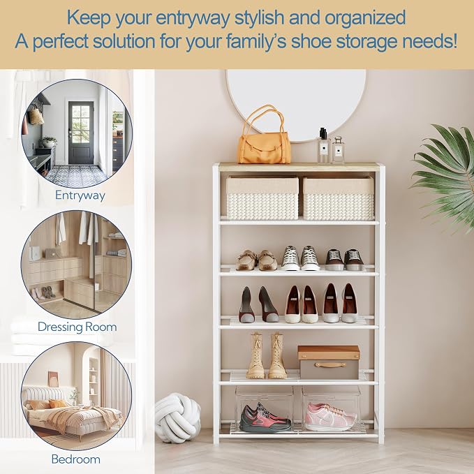 Yusong Shoe Rack Organizer, 6 Tier Industrial Shoe Storage Shelf, Narrow Sturdy Metal Shoe Shelves for Closet Entryway, White