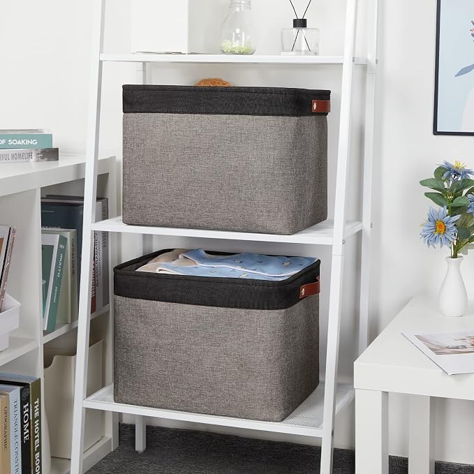 DULLEMELO Storage Bins 16"x12"x12" With Leather Handles for Organizing,Decorative Collapsible Storage Baskets for Shelves Closet Home Office (Black&Grey)