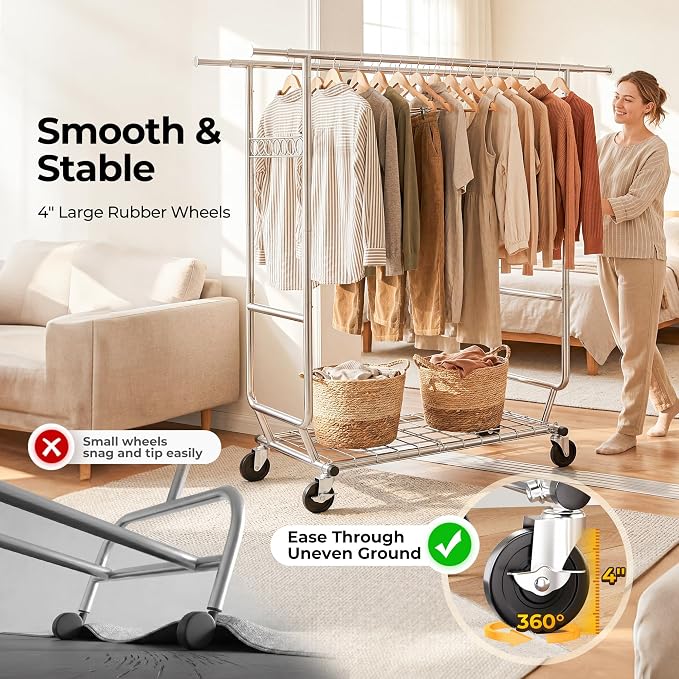 HOKEEPER Clothes Rack Heavy Duty Clothing Rack Load 650 LBS Collapsible Garment Rack with Wheels Double Rod Clothes Rack for Hanging Clothes Commercial Portable Closet Rack with Shelves 22"D*75"W*68"H