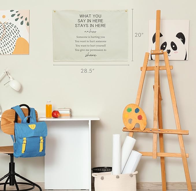 Classroom Wall Banner Decor-Teacher Gift-Inspirational Back to School Wall Art Flag Decor-What You Say In Here Stays In-Hanging Canvas Banner for Classroom Reading Corner Homeschool Teacher Office