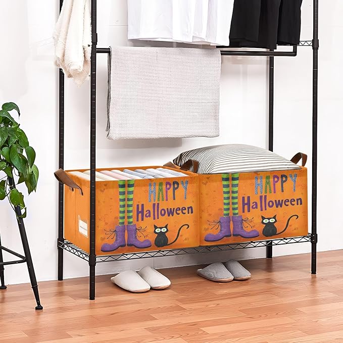Happy Halloween Witch and Cat Storage Basket Foldable Cube Storage Bins with Handles&Label Waterproof Collapsible Organizer Box Bin Large Rectangle Decorative Baskets for Shelves Home Room Laundry