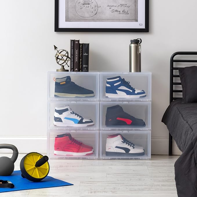 IRIS USA 6-Pack, Stackable Shoe Display Box with Flip Door, Clear | Protect footwear with stackable storage and easy access design for closets, entryways, and under bed spaces