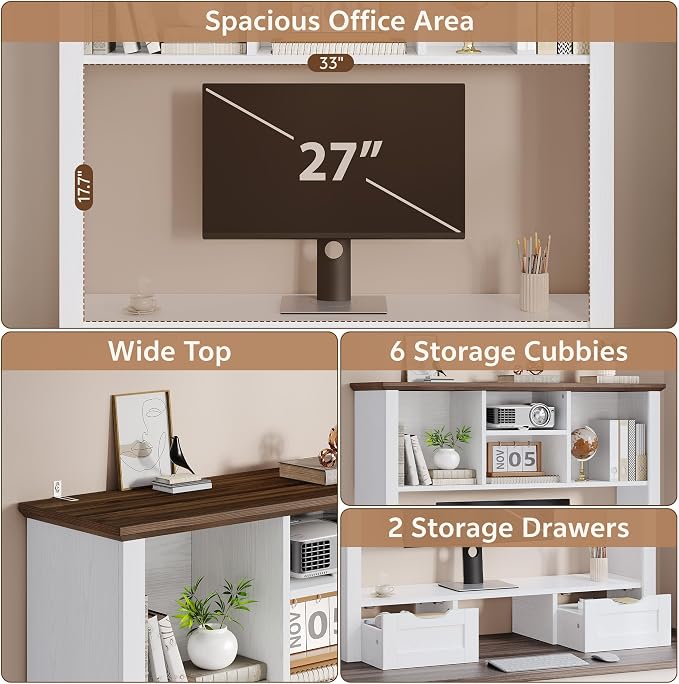 Desk Shelf with Computer Monitor Stand, 37.4''W Desktop Bookshelf Display Rack, Desktop Organizer Storage Rack with Cubbies & Drawers, 5-Tier Hutch for Home, Office, Dorm, Vanity, White&Brown