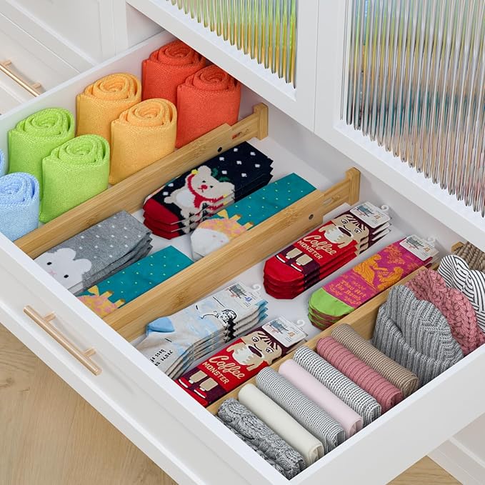 Ruichang Bamboo Kitchen Drawer Divider 4 Pack,17-22" Adjustable Dresser Drawer Organizer for Bathroom,Bedroom,Natural,2.4 inch High