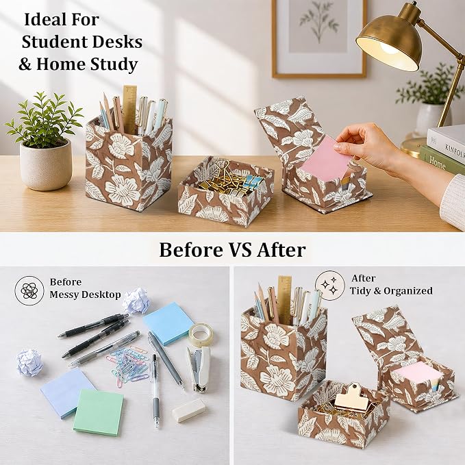 Ridhi Oak Brown Block Print Handmade Office Desk Organizer Pen and Sticky Note accessories Holder Cute, Aesthetic, Decor workspace Caddy Gift for Office, Teachers, Professionals, Students