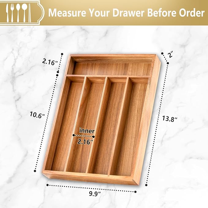 Silverware Organizer, 10 Inch Utensil Organizer Kitchen Drawer Organizer Acacia Silverware Holder Cutlery Tray Organizer in Drawer Flatware Organizer Tray(5 slots, Acacia