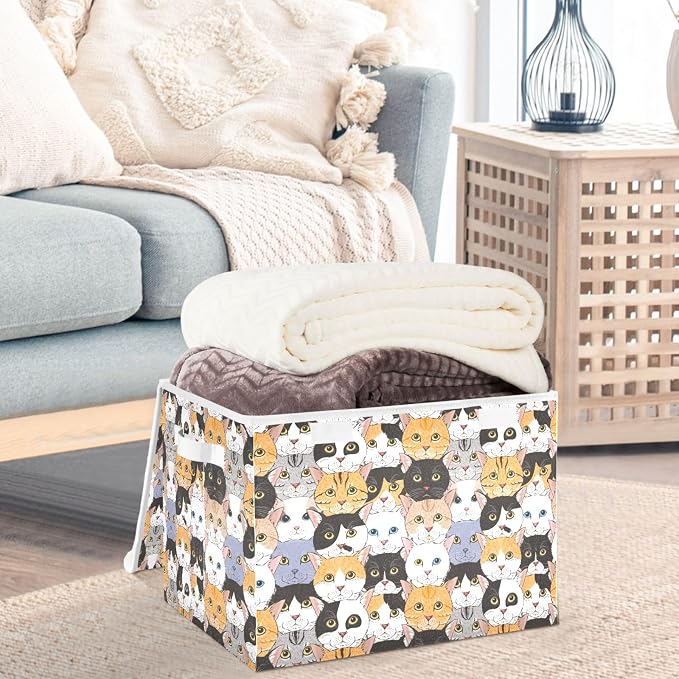 CaTaKu Large Fabric Storage Bins With Lids, Animal Cats Head Storage Boxes With Handles for Organizing Clothes, Collapsible Storage Cube Bins Baskets for Shelves