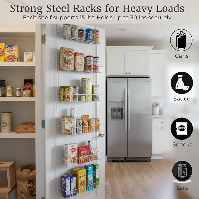 Lavish Home Powder Coated Steel Closet Organizer, 6-Tier Shelves, Over the Door Pantry Organizer, with Adhesive Hooks, White