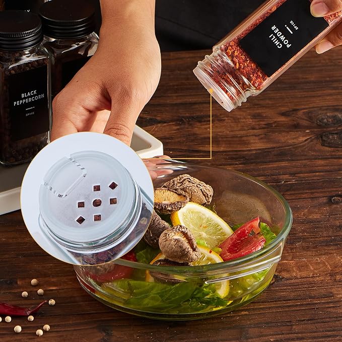 Skiileor 25 Pcs Spice Jars with Label- Glass Spice Jars with Black Metal Caps,Shaker Lids, Funnel, Chalk Pen, 4oz Seasoning Containers Bottles for Spice Rack, Cabinet, Drawer