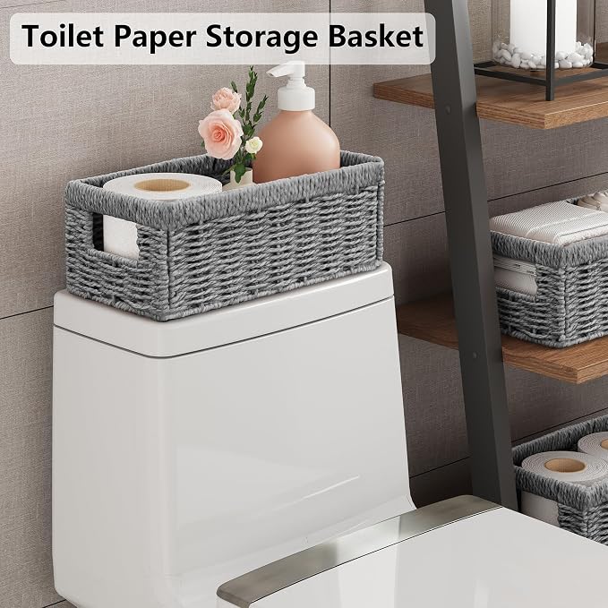 Vagusicc Wicker Storage Basket, Set of 2 Hand Woven Wicker Baskets for Organizing with Handles, Decorative Small Storage Bins for Countertop Toilet Paper Basket for Toilet Tank Top Shelves, Grey
