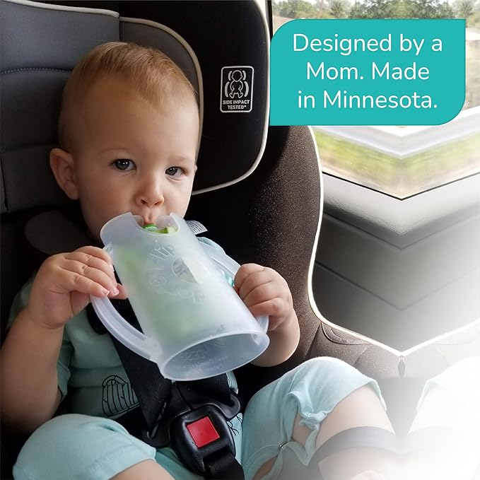Flipping Holder Squeeze Proof Food Pouch Holder for Toddlers, Babies, Kids, Mess Free No Squeeze Juice Box Drink and Applesauce Snack Holder with Easy Grip Handles and Lid