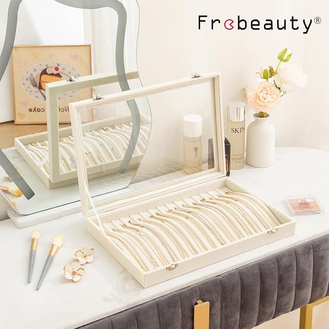 Frebeauty 15 Hooks Necklace Organizer,Velvet Necklace Holder Tray with Lid | Jewelry Organizer for Necklace Pendant Chain,Women Jewelry Box,for Home Use and Jewelry Store,Jewelry Display for Drawer