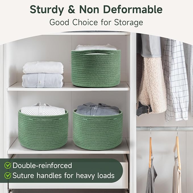 Small Rope Baskets for Storage, Baskets for Gifts Empty, Cute Round Woven Basket, Decorative Shelf Baskets 9.82×9.82×7.1", Cotton Toy Basket Storage Bins for Organizer 3 Packs Green