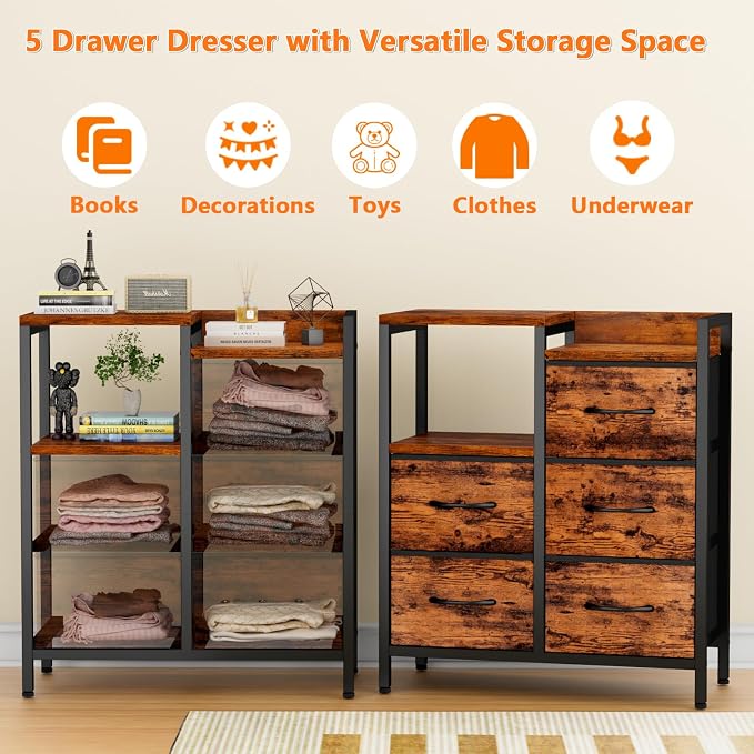 Furnulem Rustic Brown Dressers for Bedroom, 5 Drawer Dresser for Closet | Small Fabric Dresser with 2 Tier Shelf, Drawer Units with Sturdy Metal Frame, Storage Cabinet Organizer for Hallway, Wood Top