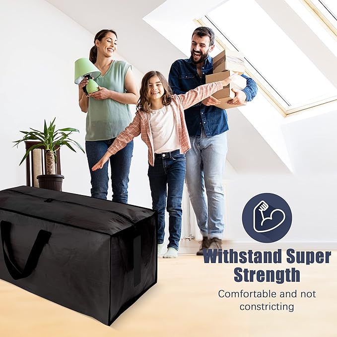 HOMESURE 4 Pack Large Strong Moving Bags with Zippers & Carrying Handles - Water-Resistant - Heavy Duty Storage Tote for Space Saving Moving Storage, Fold Flat, Alternative to Moving Box (Black)