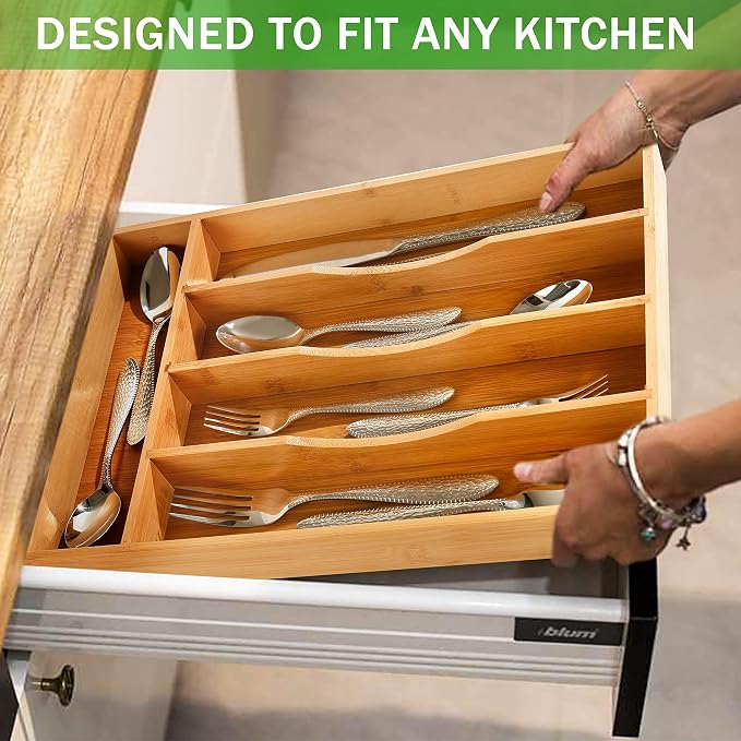 Greenual Silverware Organizer 10 In Utensil Organizer Silverware Tray for Drawer Cutlery Flatware Organizer for Kitchen Bamboo Wood 2 Pack