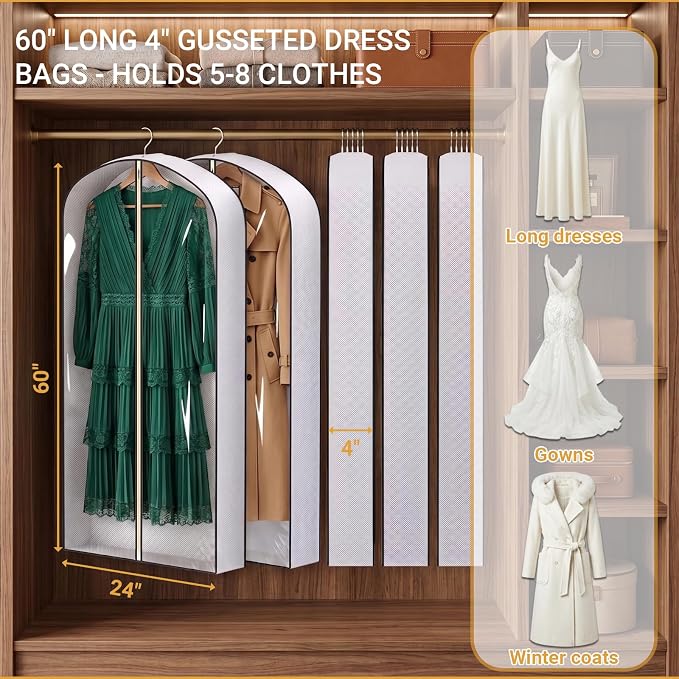 60" Clear Garment Bags for Hanging Clothes,4" Gusseted Suit Bags for Closet Storage Non-woven Back,Long Hanging Clothes Storage Suit Cover Bags with Zipper for Coats,Jackets,Shirts