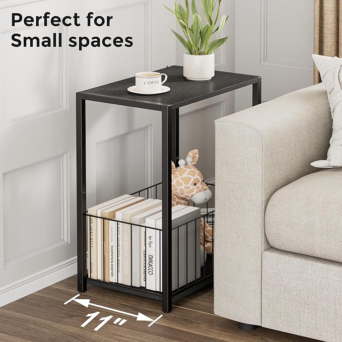 Homleke Side Table with Magazine Holder, Record Player Stand with LP Shelf | LP Storage, Magazine Holder, Easy Assembly, Living Room, Bedroom, Bedside, 11" D x 16.9" W x 23.6" H, Black