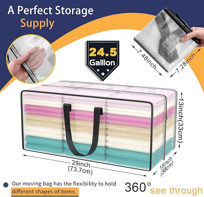 Clear Storage Bags with Zipper, Large Moving Bags Heavy Duty Extra Large, Plastic Storage Totes for Clothes, College dorm Packing Bag with Strong Handles