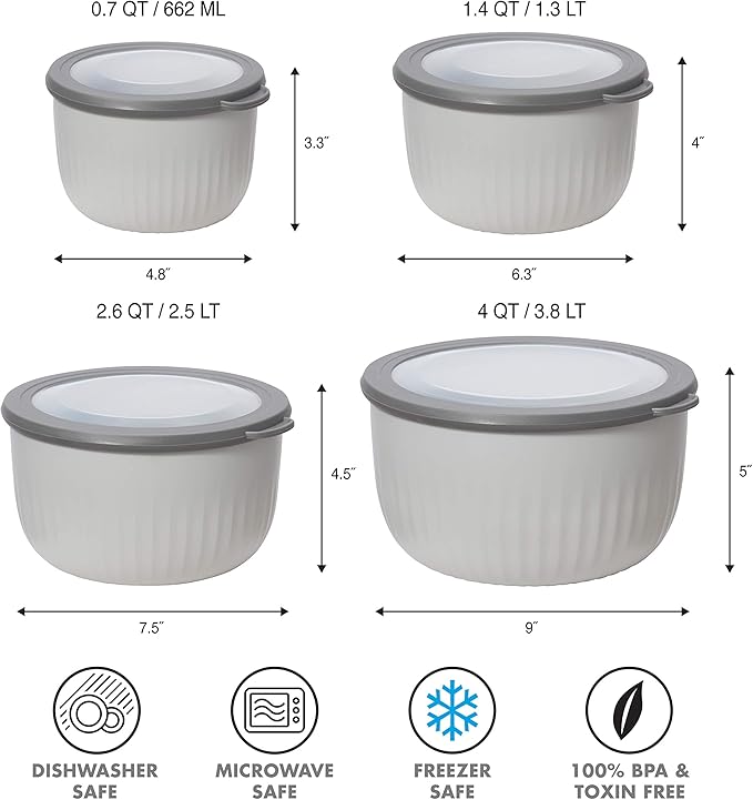 Oggi Prep, Store & Serve Plastic Bowl w/See-Thru Lid- Dishwasher, Microwave & Freezer Safe, (0.7 qt) Lt Gray w/Dk Gray Lid