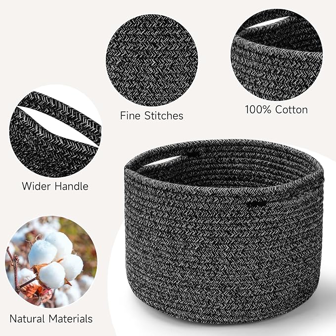 Small Rope Baskets for Storage, Baskets for Gifts Empty, Cute Round Woven Basket, Decorative Shelf Baskets 9.82×9.82×7.1", Cotton Toy Basket Storage Bins for Organizer 3 Packs Black