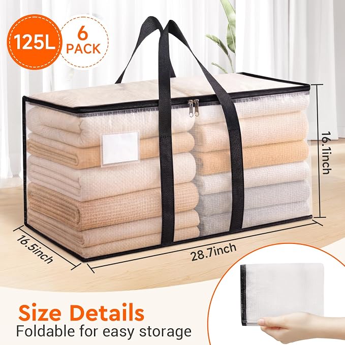 BlissTotes Moving Bags, 125L 6-Pack Storage Bags, Moving Box Heavy Duty Extra Large, Moving Totes with Zipper, Large Packing Bag with Reinforced Handles, Boxes for Packaging Moving