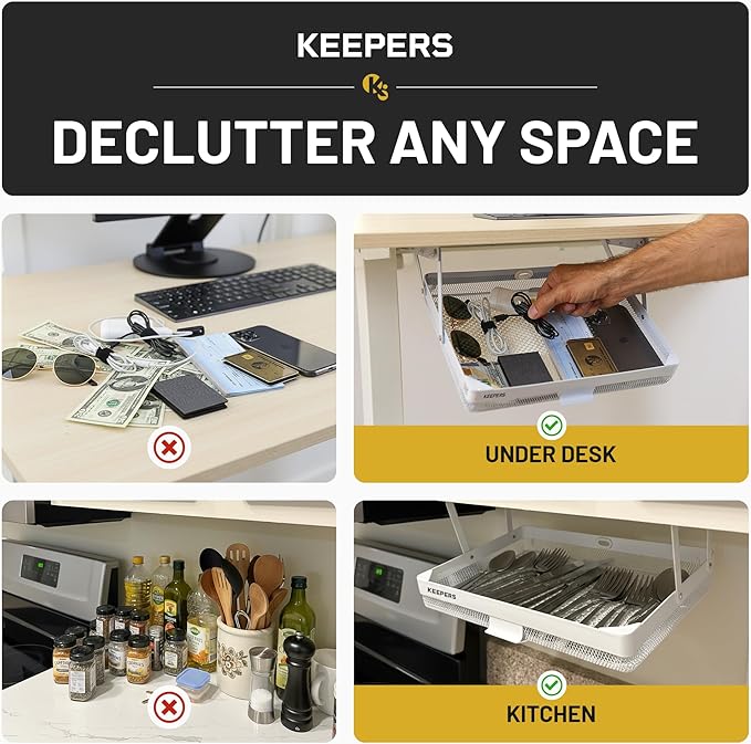 Everything Keeper - Organizer for Home, Kitchen, Bathroom, RV, Small Spaces - Storage Organizers - Compact Metal Basket - Under Cabinet Holder - Easy Install - Holds Strong - 13 x 10 x 2.5 in