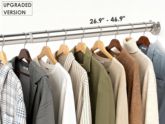 Premium Stainless Steel Closet Rod 1.0mm/1.3", Heavy Duty Adjustable Hanging Bar for Clothes Organization, No-Splice 1-Piece Telescoping Design (Silver, 26.9" - 46.9")