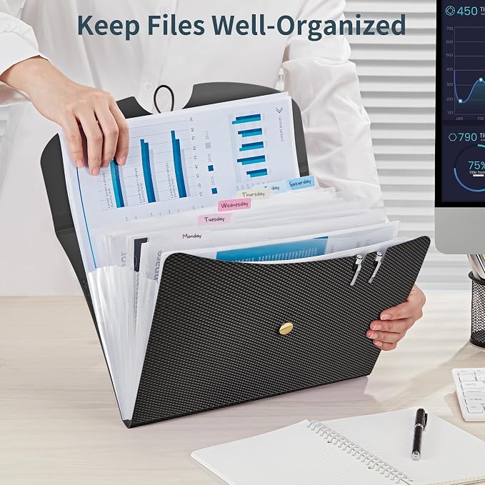 JARLINK 7 Pockets Expanding File Folder, A4 Accordion folders, Black | Accordion File Folders with 12 Labels, Portable Document Organizer for Home, College, School, and Office Supplies