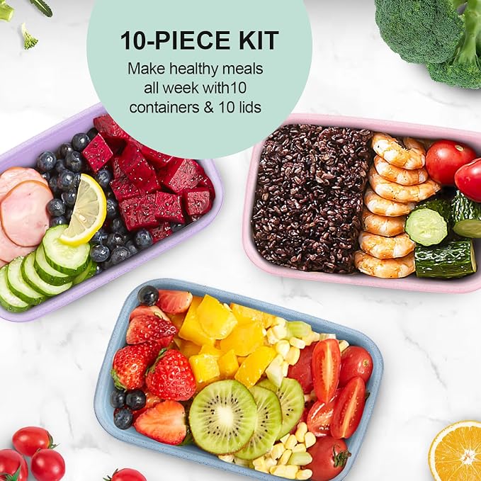 32 oz Meal Prep Containers,10Pcs Reusable Food Storage Containers with Lids | Wheat Straw Bento Lunch Box Container, Stackable Tupperware To Go Food Containers,BPA Free, Microwave Freezer Dishwasher Safe