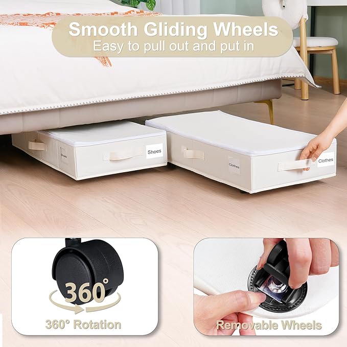 Vincona Under Bed Storage with Wheels, 2 Pack Under Bed Storage Containers with Label Holders for Clothes, Shoes and Blankets, Rolling Underbed Shoe Organizer with Cover, Beige (30.71x15.7x7.28 in)