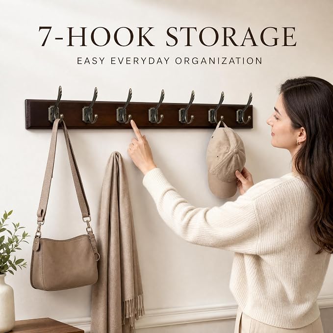 Wall Mounted Coat Rack with Solid Wood, 7 Bronze Metal Hooks – 27.56 Inch Rustic Brown Entryway Organizer for Hanging Coats, Hats, Jackets, Scarves, Bags, for Hallway, Bedroom, Bathroom（7Hooks）