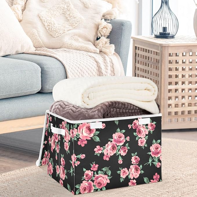 CaTaKu Large Fabric Storage Bins With Lids, Floral Pink Rose Storage Boxes With Handles for Organizing Clothes, Collapsible Storage Cube Bins Baskets for Shelves