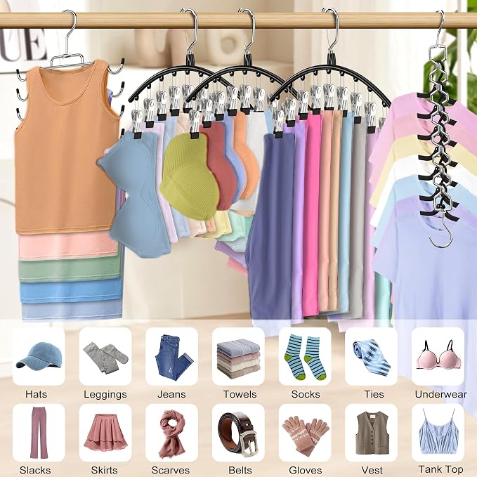 5Pcs Legging Organizer for Closet Tank Top Pant Hanger Space Saving | 3 Leggings Hangers with 30 Clips for Pants 1 Tank Top Hanger 1 Metal Magic Space Saving Hangers Closet Organizers and Storage