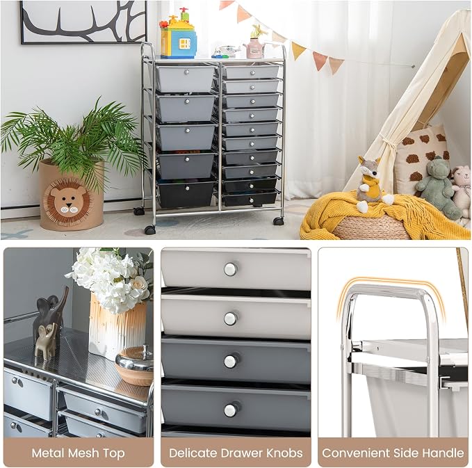 Moccha 15-Drawer Rolling Storage Cart - Under Desk Storage Drawers with wheels for Craft Art Supply Paper Salon, Scrapbook Paper Tools, Mobile Utility Cart for Classroom (15 Drawers, Gradient Grey)
