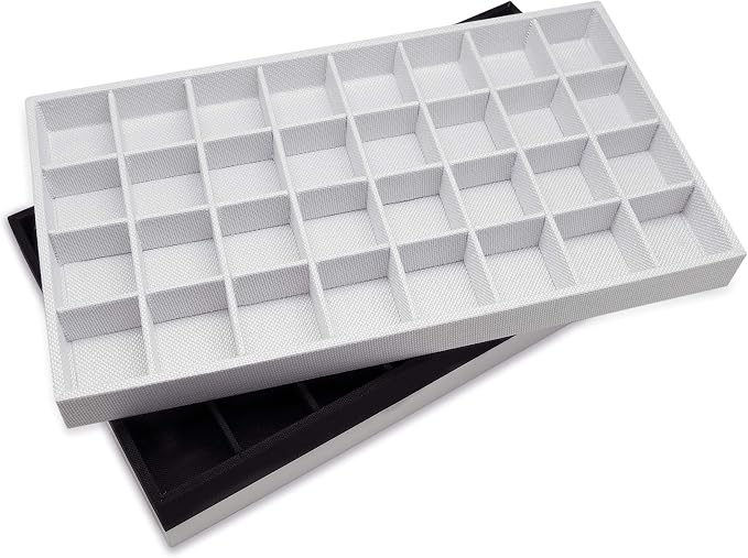 The Display Guys - Stackable Jewelry Tray and Organizer - for Drawers, Dressers, Store Display (32 Compartments, White Leatherette)