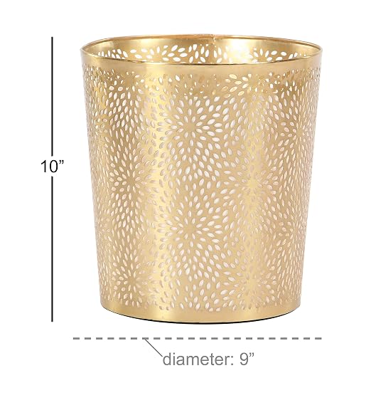 CosmoLiving by Cosmopolitan Metal Small Waste Bin with Laser Carved Floral Design, 9" x 9" x 10", Gold | Office Bathroom Floral Waste Basket With Laser Carved Design Office Wastebasket Waste Bin