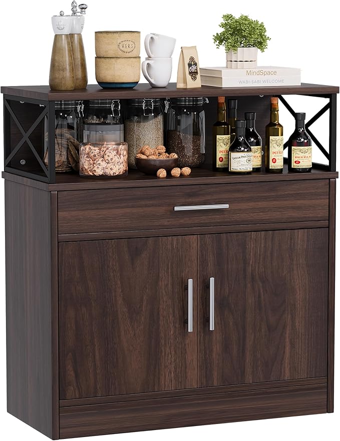 Meilocar Buffet Cabinet, Coffee Bar Cabinet, Wooden Kitchen Sideboard with Storage and Drawer, Farmhouse Storage Cabinet for Living Room, Dining Room, Dark Brown